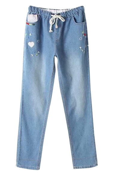 Light Wash Heart Embroidered Elastic Pockets Jeans