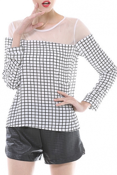 Mesh Inserted Color Block Long Sleeve Round Neck Top