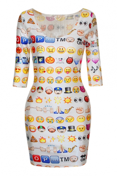 Newly Sexy Elastic Emoji Print Fitted Half Sleeve Dress