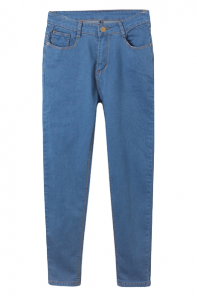 Plain Blue Zipper Fly Pockets Skinny Crop Jeans