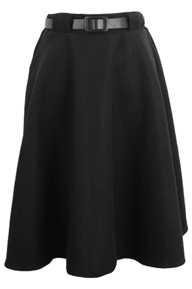 Plain High Waist Wool Belted Midi Skirt - Beautifulhalo.com
