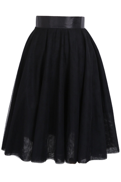 Plain Mesh Elastic Waist Layers A-Line Midi Skirt