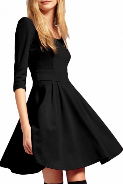 Plain Modern Style Pleated Seam Detail 1/2 Sleeve A-line Dress