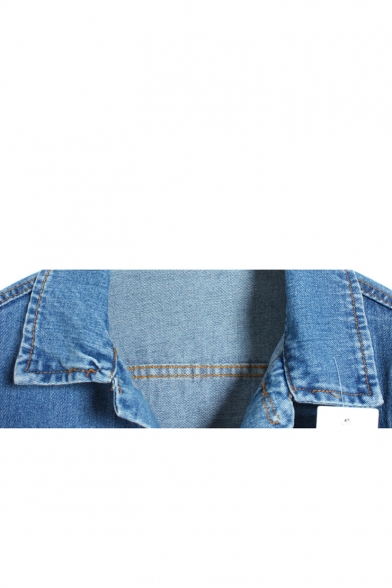 Pure Blue Single-Breasted Point Collar Denim Jacket