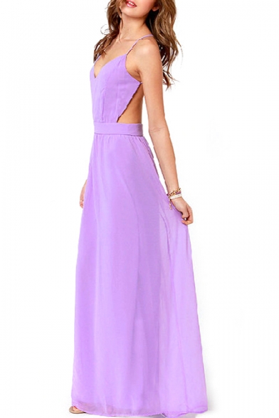 Purple Chiffon Sheer Cross Open Back Maxi Dress