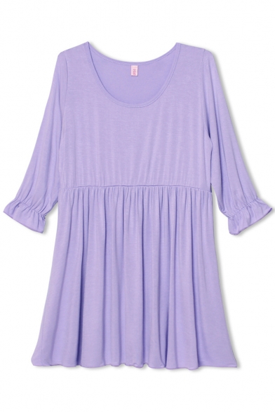 Purple Plain Ruffle Half Sleeve Fitted Dress