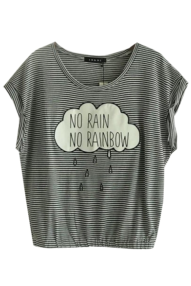 Striped Letter and Cloud Print Short Sleeve Tee