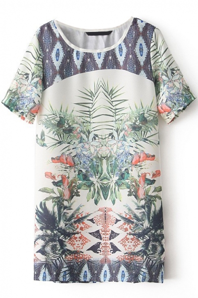 Tropical Plants Print Short Sleeve Shift Dress