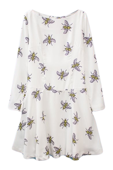 White Long Sleeve Bees Print A-line Dress