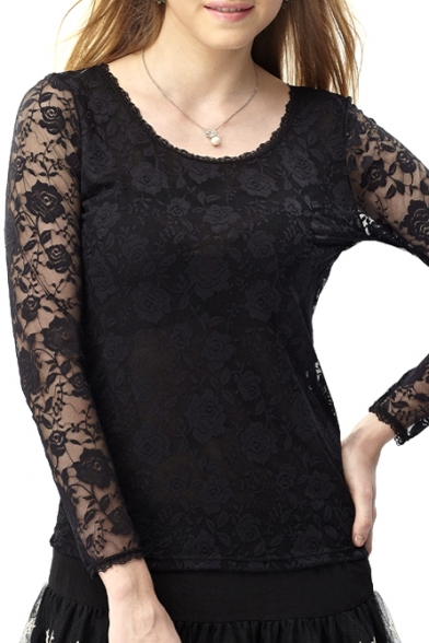 Black Cutout Lace Crochet Long Sleeve Round Neck Top