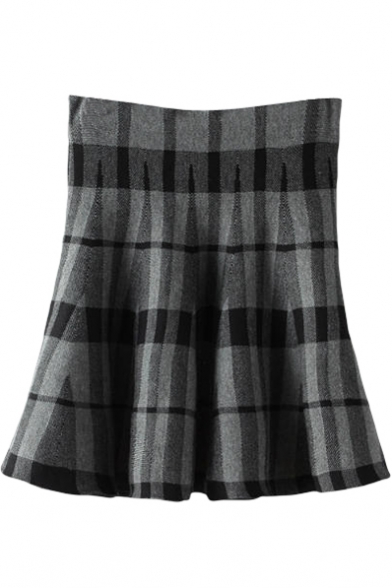Black&Gray Plaid&Geo Pattern Skater Skirt