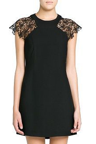 Black Lace Inserted Short Sleeve Mini Dress