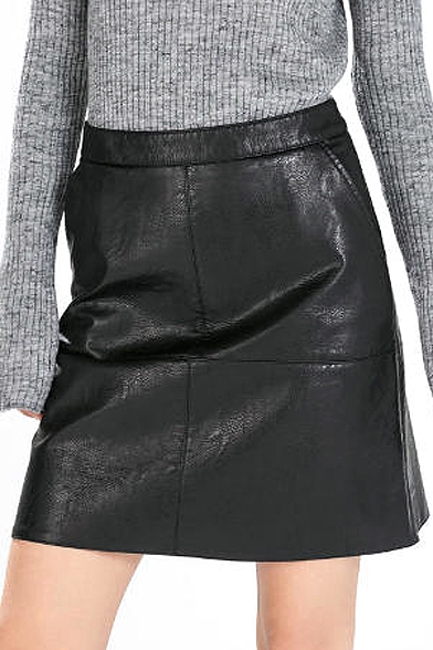 Black Plain PU Zipper Back Skirt
