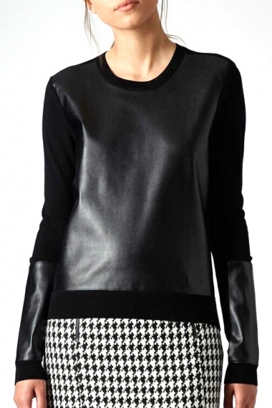 Black PU Knit Insert Long Sleeve Fitted Sweatshirt