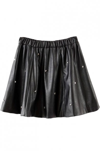 Black PU Rivet Embellish Elastic Waist Short Skirt