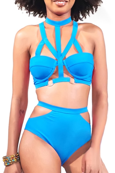 Blue Cutout Detail Halter High Waist Bikini Set