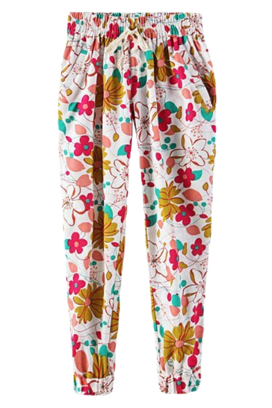 Bright Floral Print Drawstring Waist Harem Pants
