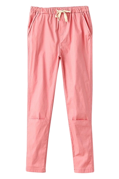 Candy Color Elastic Waist Plain Crop Pants