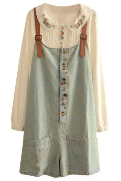 Casual Style Vintage Delicate Button Embellish Denim Overalls