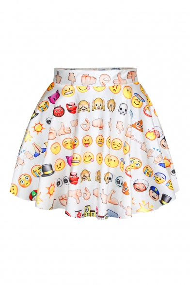 Cute White Emoji Print Elastic Waist Skirt