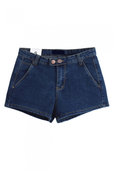 Dark Blue Fake Pockets Front Zipper Fly Denim Shorts