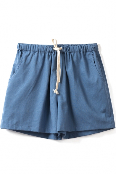Dark Blue Mid Waist Drawstring Loose Shorts