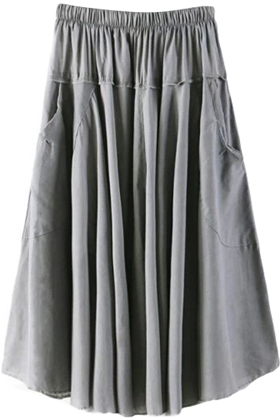 Gray Double Pockets A-line Midi Skirt