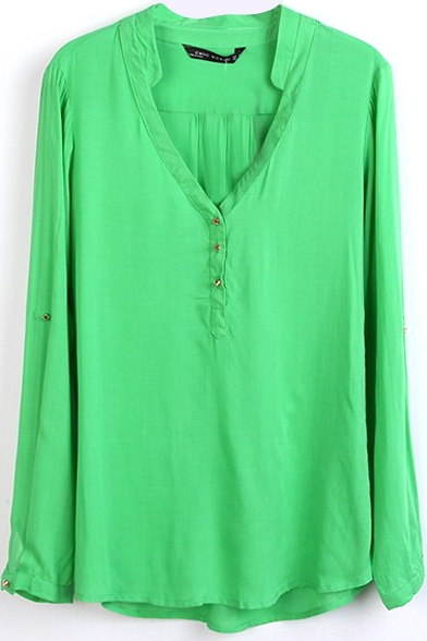 Green V-Neck Long Sleeve Button Top