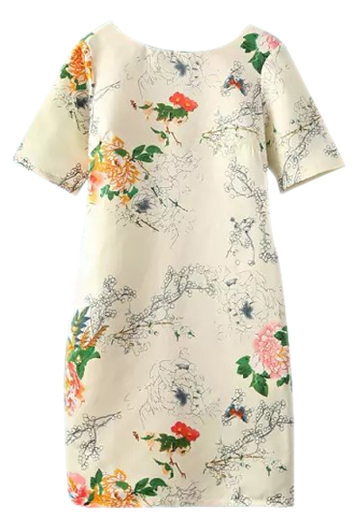 Oriental Floral Print Short Sleeve V-Back Dress