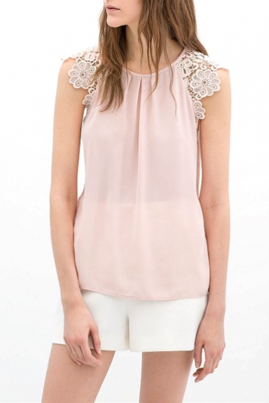 Pink Lace Insert Short Sleeve Sheer Blouse