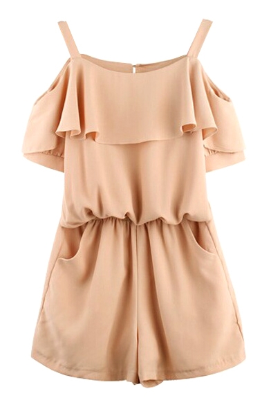 Pink Off-the-Shoulder Strap Ruffle Layer Chiffon Rompers