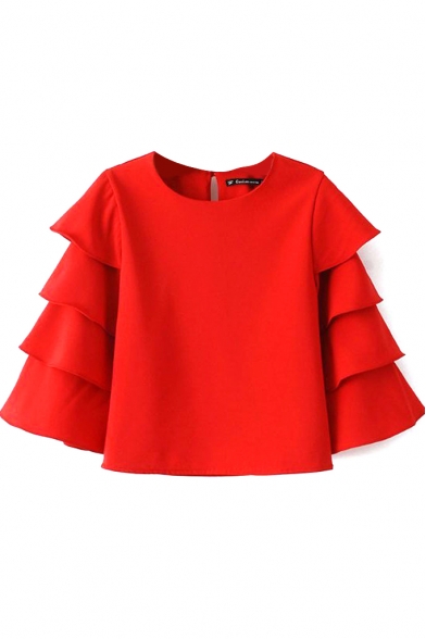 Red Ruffle Trim Sleeve Round Neck Cutout Back Blouse