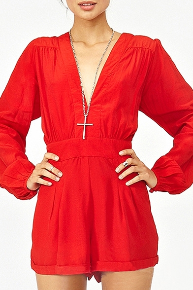 Red V-Neck Long Sleeve Gathered Waist Rompers