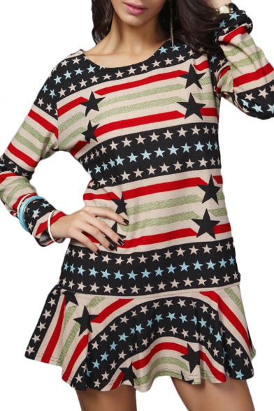 Stars&Stripes Print Slim Ruffle Hem A-line Dress