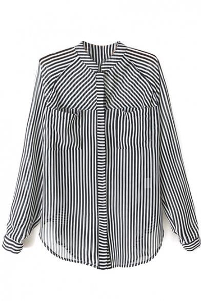 Striped Stand Collar Long Sleeve Chiffon Blouse