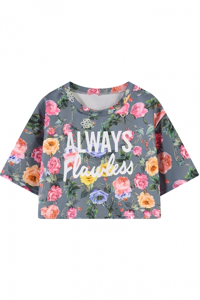 Summer Colorful Floral Print Short Sleeve Cropped Tee