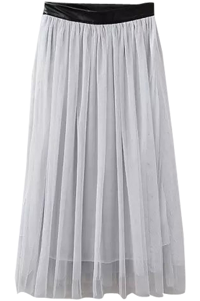 White Mesh Sheer Layered Chiffon Midi Skirt