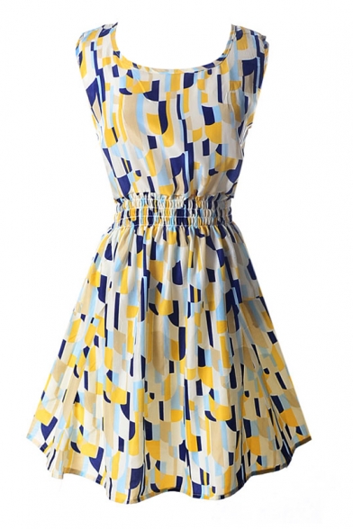 Yellow&Blue Geometry Pattern Print Dress