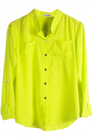 Yellow Double Pockets Front Chiffon Shirt