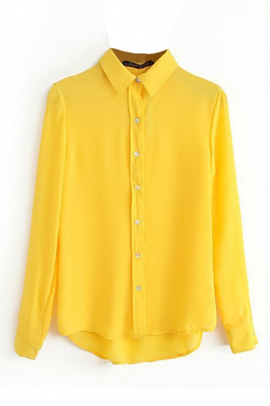 Yellow Loose Long Sleeve Point Collar Shirt