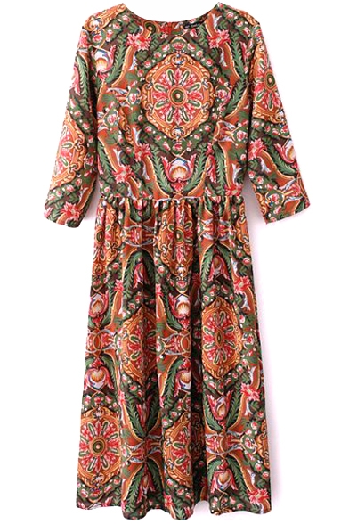 1/2 Sleeve Round Neck Vintage Court Pattern Print Longline Dress