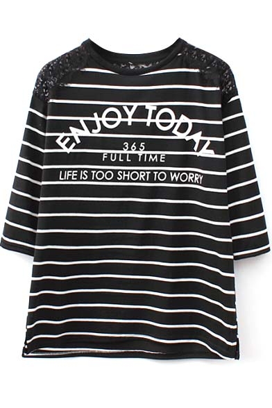 Black 3/4 Sleeve Stripe&Letters Print Lace Insert Loose T-Shirt