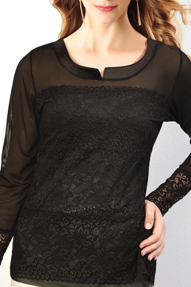 Black Stand Collar Long Sleeve Lace Mesh Inserted Top