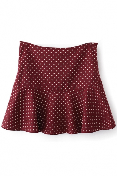 Burgundy Heart Pattern Ruffle Hem Pleated Skirt