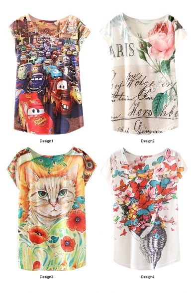 Car Floral Letter Animal Print Batwing Sleeve T-Shirt