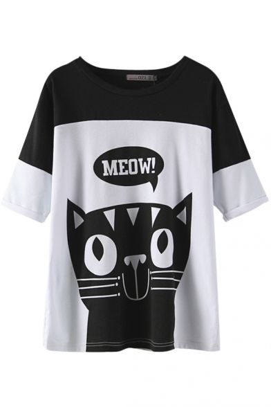 Color Block Cat Print Short Sleeve Tunic T-Shirt - Beautifulhalo.com