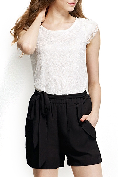 Color Block Lace Round Neck Gathered Waist Rompers