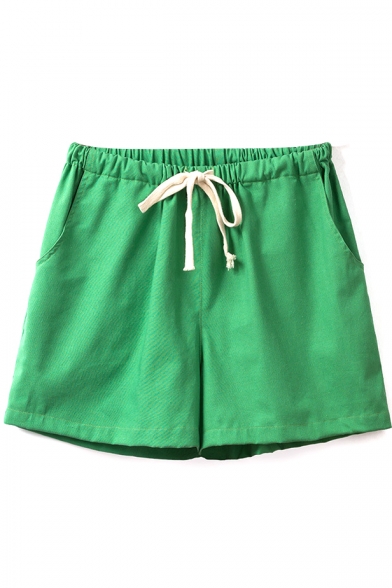 Dark Green Mid Waist Drawstring Loose Shorts