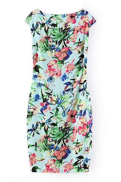 Floral Print Sleeveless Boat Neck Fitted Dress