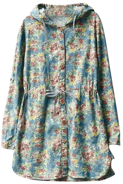 Fresh Rural Style Flora Print Vintage Hooded Drawstring Waist Coat